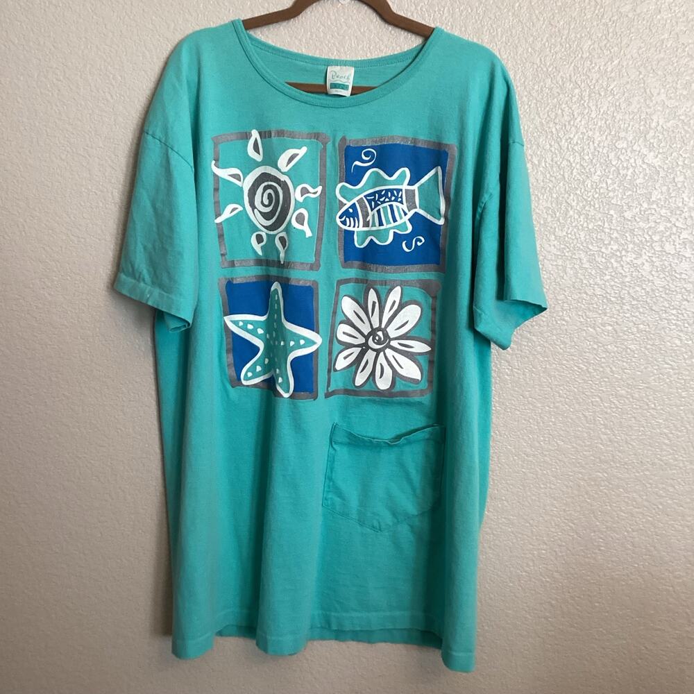Vintage Beach Bound Teal Graphic Pocket T-shirt Summer Cover-up Loungewear OS